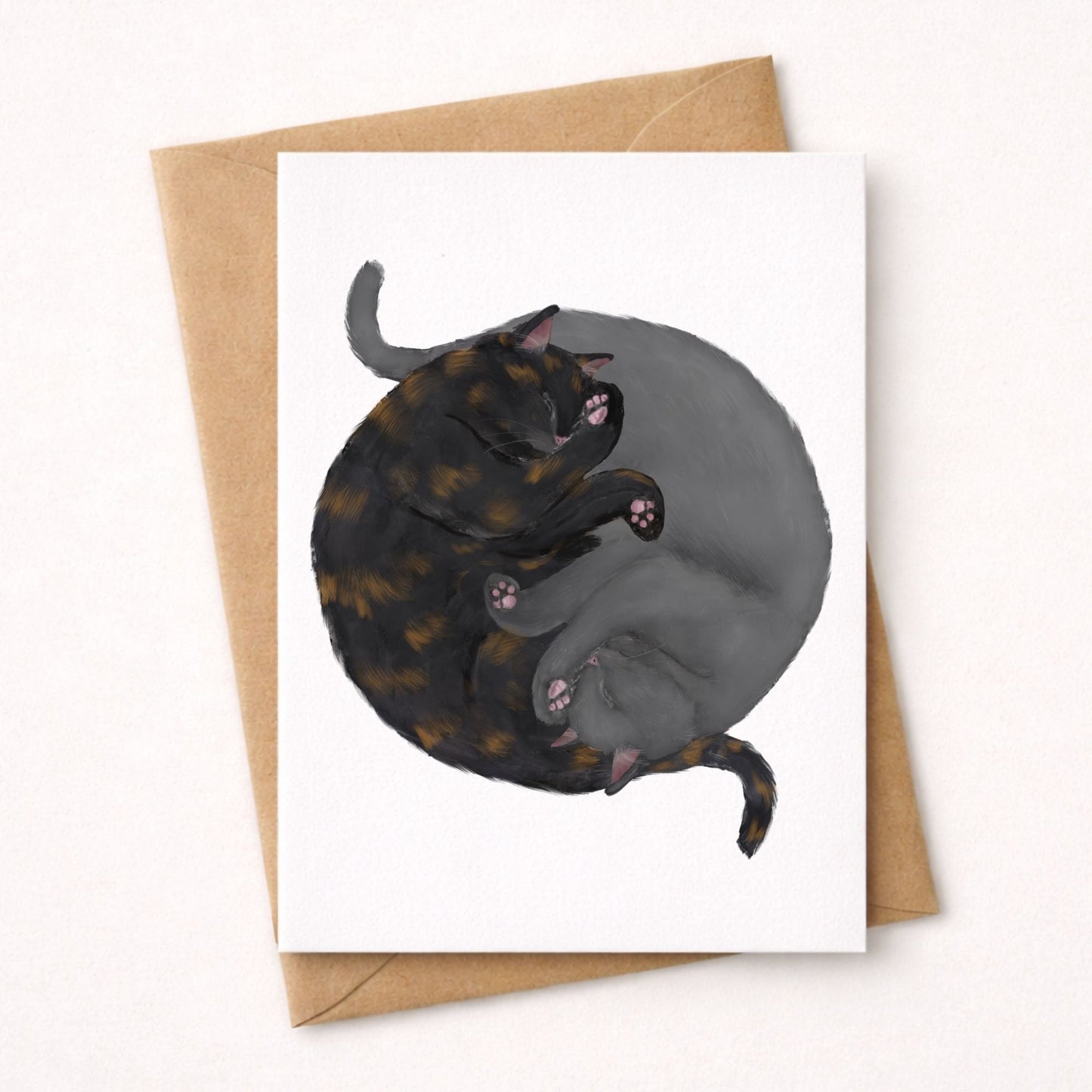 Sleeping Tortoiseshell and Gray Cats Postcard - MerikaArt