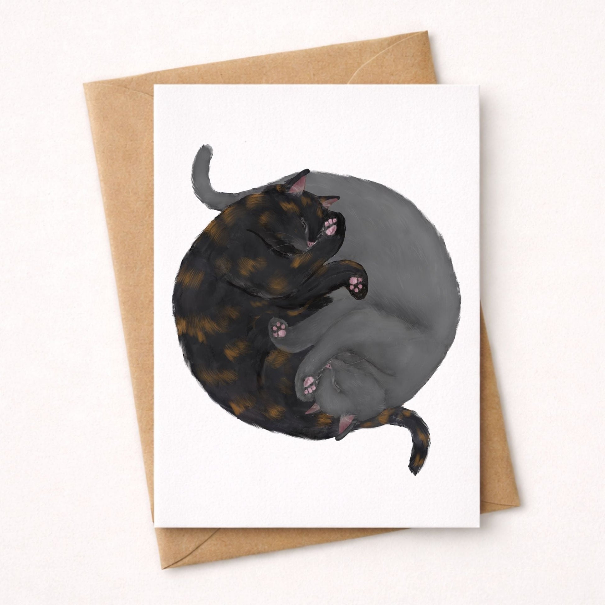 Sleeping Tortoiseshell and Gray Cats Postcard - MerikaArt