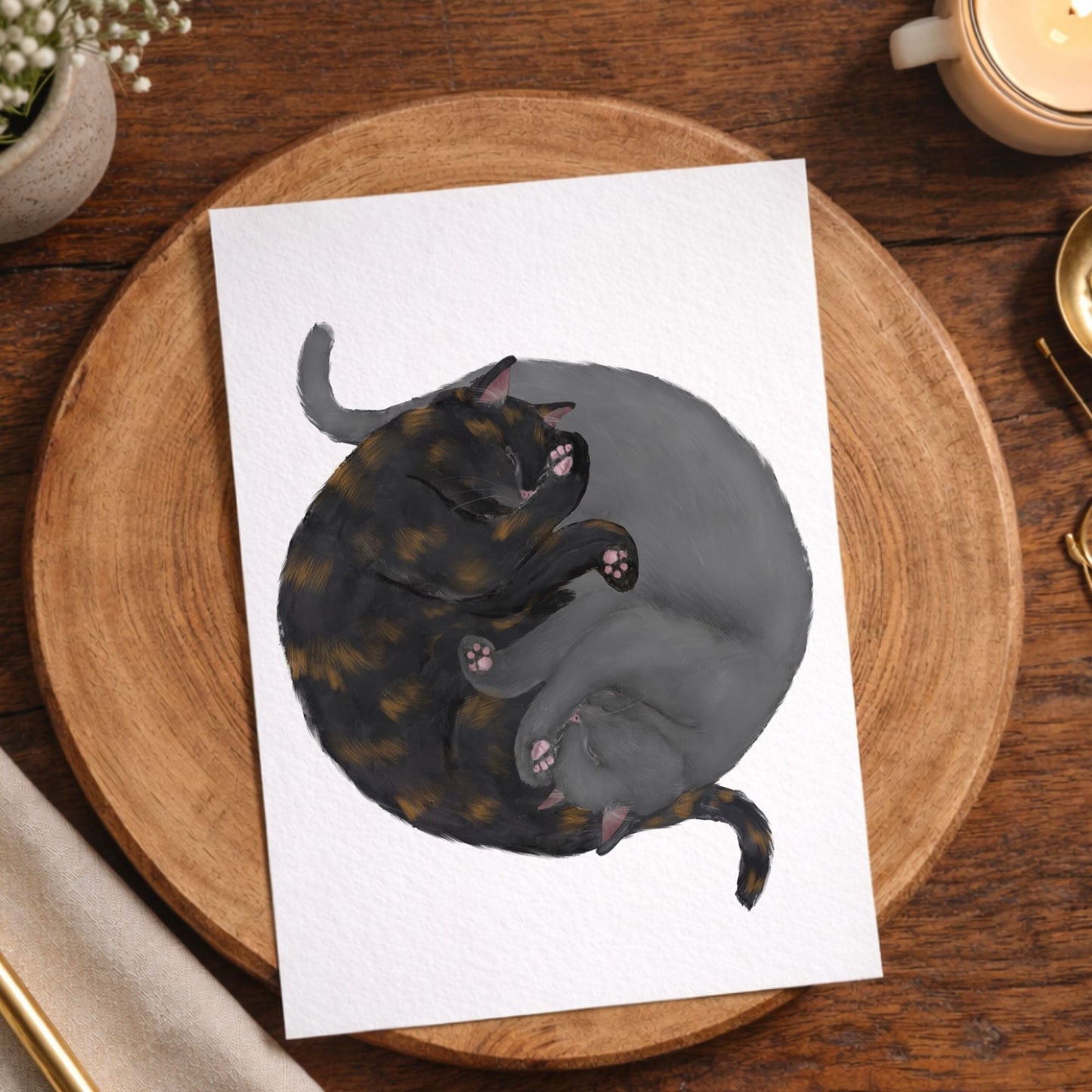 Sleeping Tortoiseshell and Gray Cats Postcard - MerikaArt