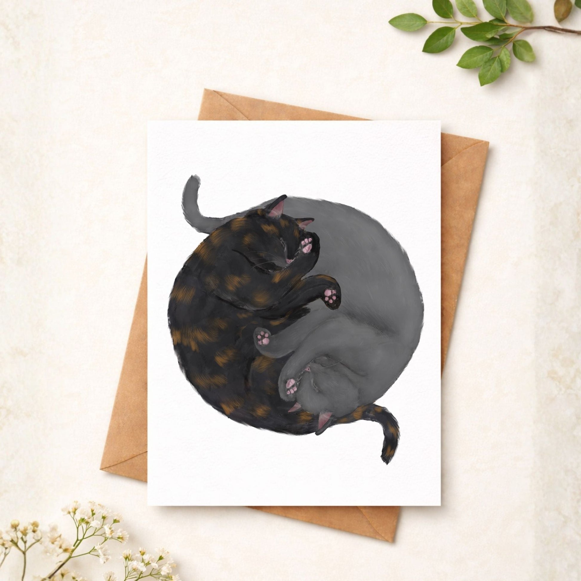 Sleeping Tortoiseshell and Gray Cats Postcard - MerikaArt