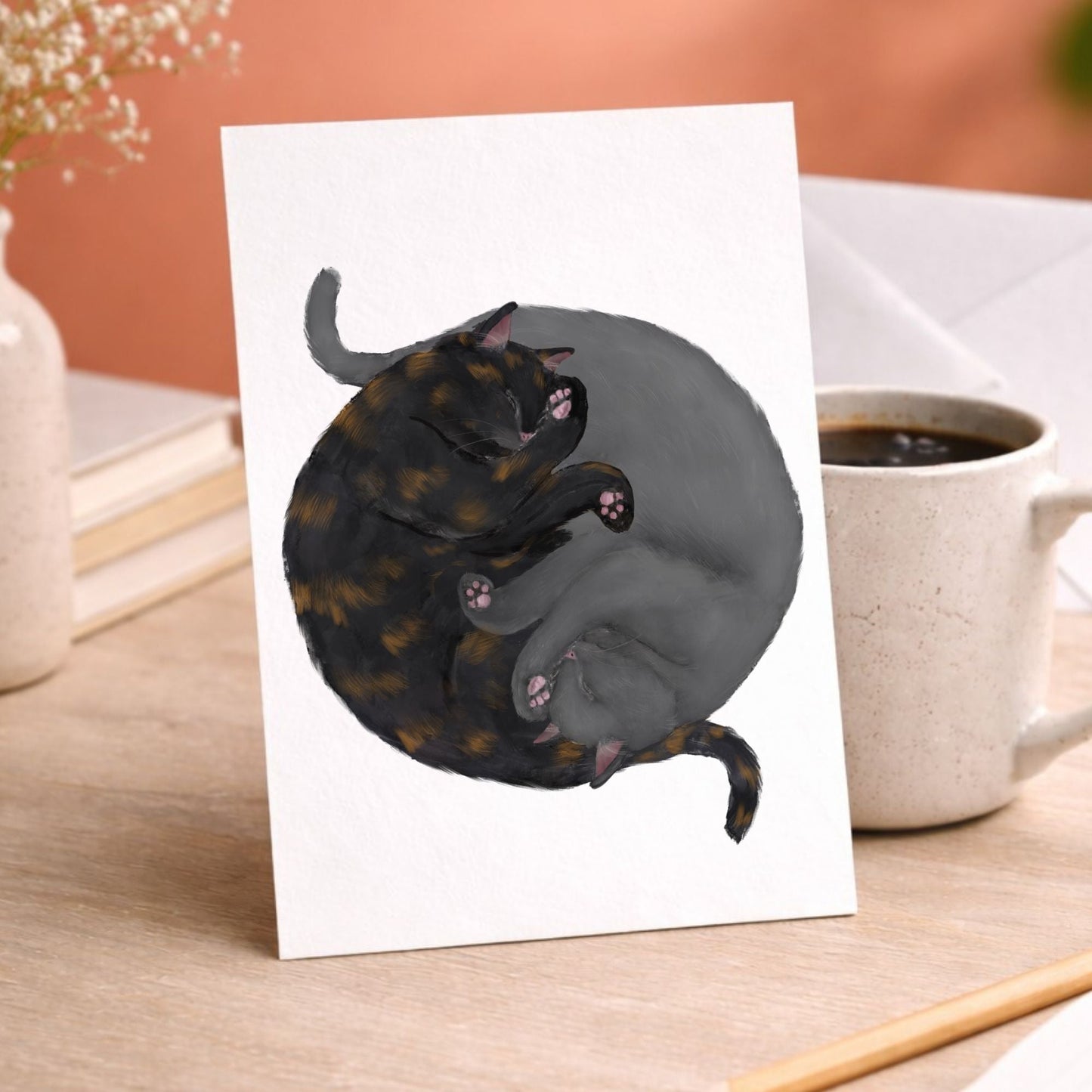 Sleeping Tortoiseshell and Gray Cats Postcard - MerikaArt