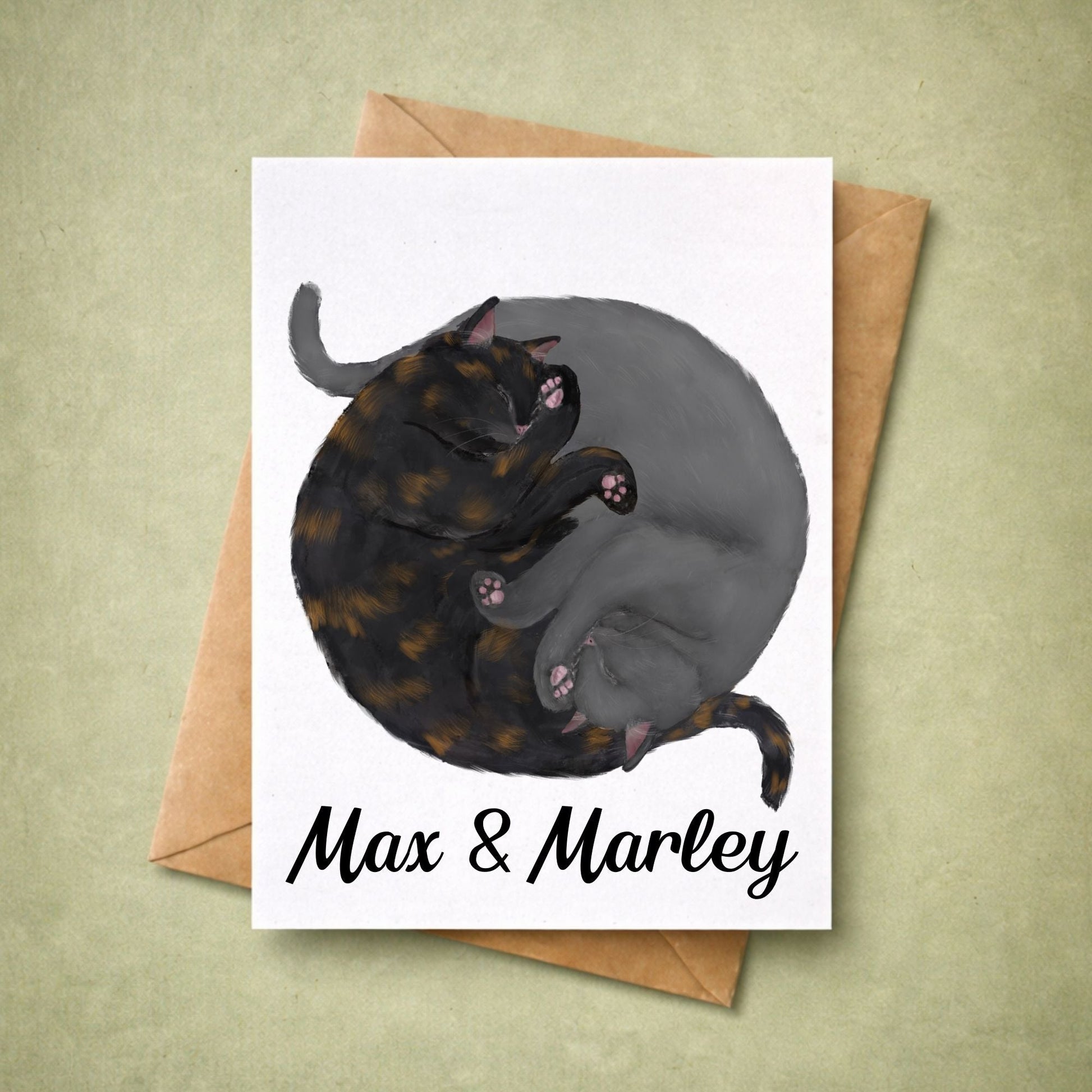 Sleeping Tortoiseshell and Gray Cats Postcard - MerikaArt