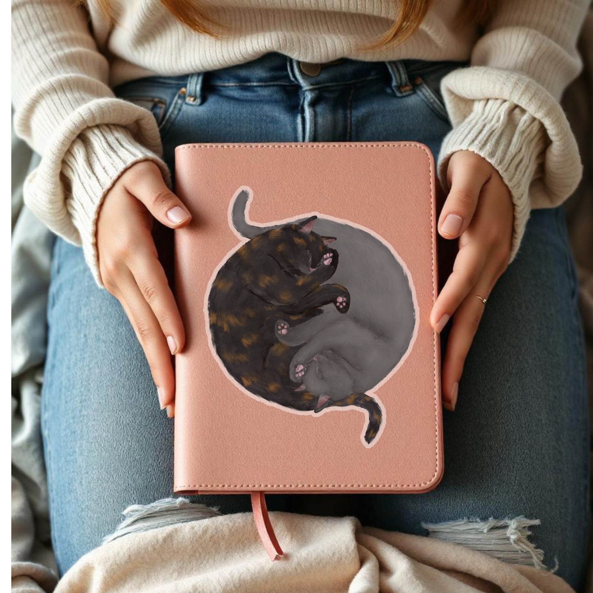 Sleeping Tortoiseshell And Gray Cats Vinyl Sticker - MerikaArt