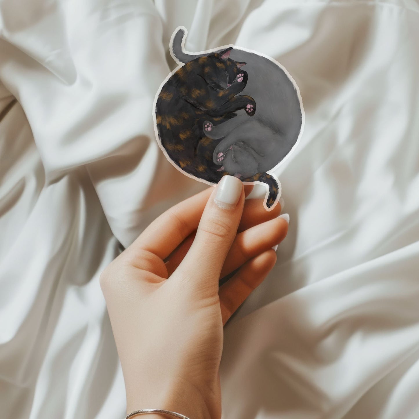 Sleeping Tortoiseshell And Gray Cats Vinyl Sticker - MerikaArt