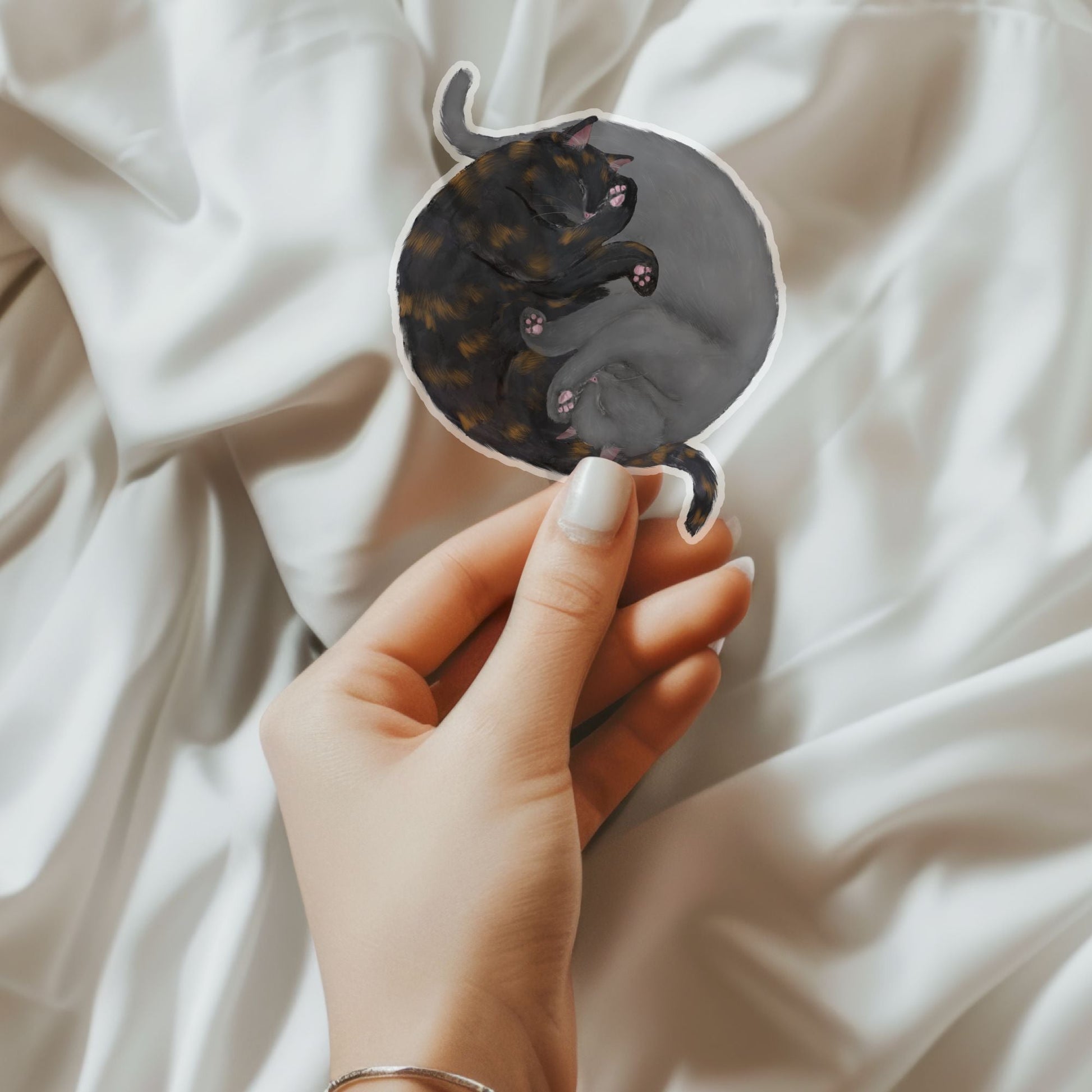 Sleeping Tortoiseshell And Gray Cats Vinyl Sticker - MerikaArt