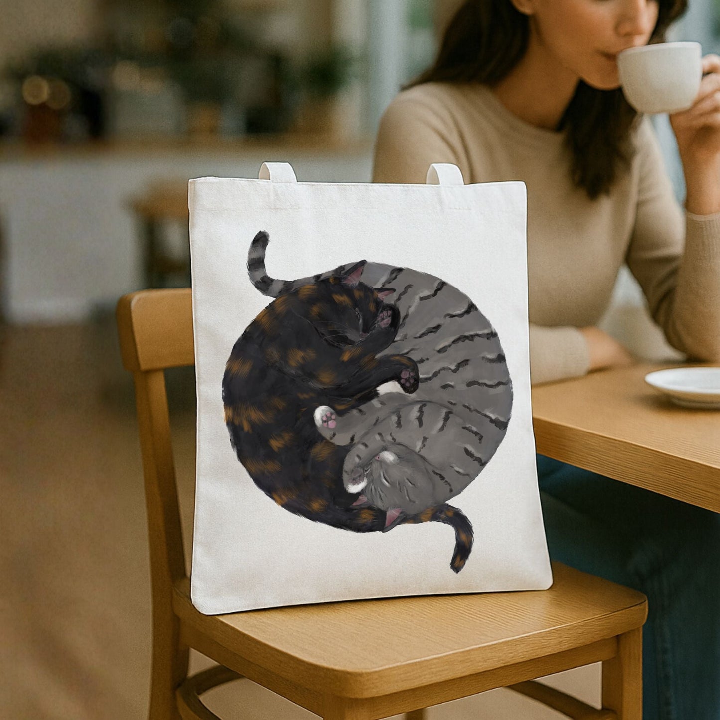 Sleeping Tortoiseshell and Gray Tabby Cats Canvas Tote Bag - MerikaArt