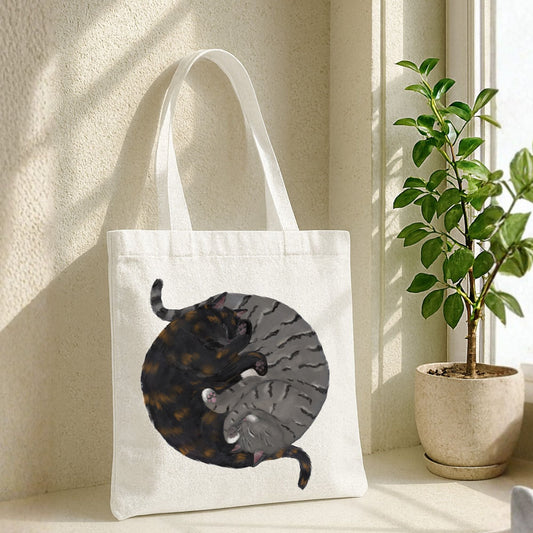 Sleeping Tortoiseshell and Gray Tabby Cats Canvas Tote Bag - MerikaArt