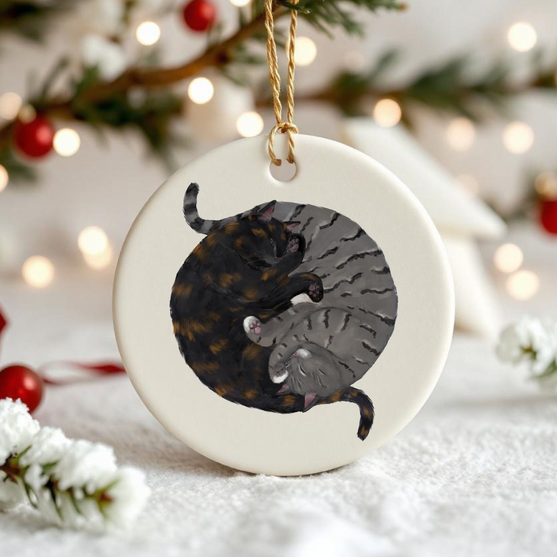 Sleeping Tortoiseshell And Gray Tabby Cats Ceramic Ornament - MerikaArt