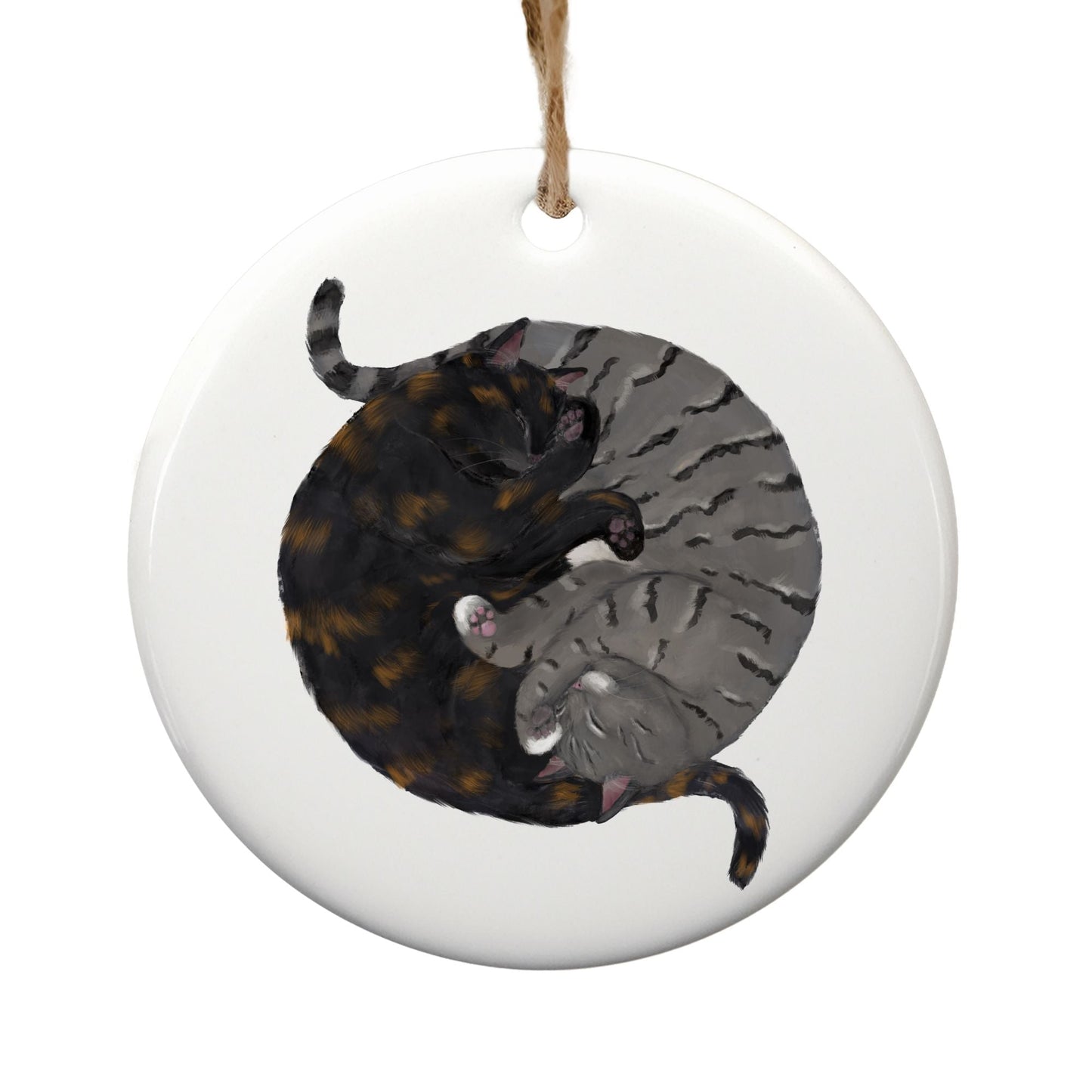 Sleeping Tortoiseshell And Gray Tabby Cats Ceramic Ornament - MerikaArt
