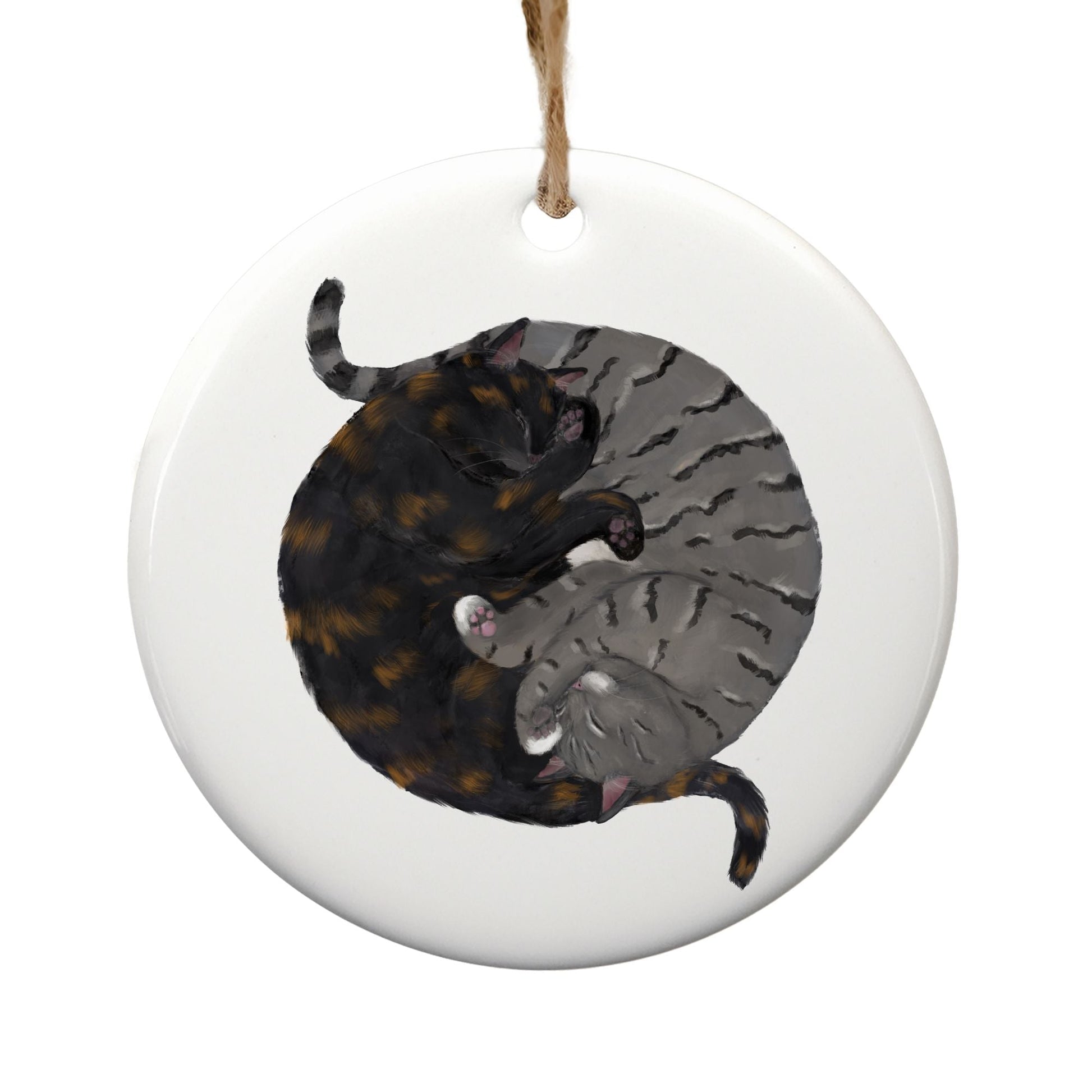 Sleeping Tortoiseshell And Gray Tabby Cats Ceramic Ornament - MerikaArt