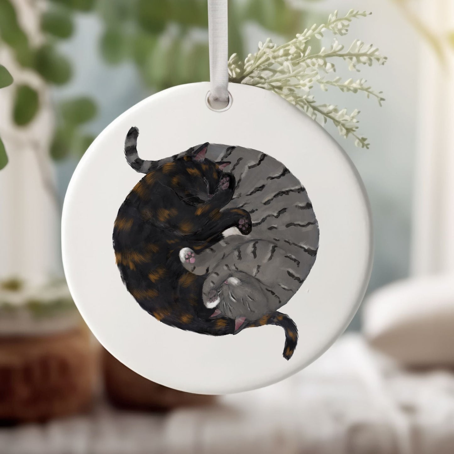 Sleeping Tortoiseshell And Gray Tabby Cats Ceramic Ornament - MerikaArt