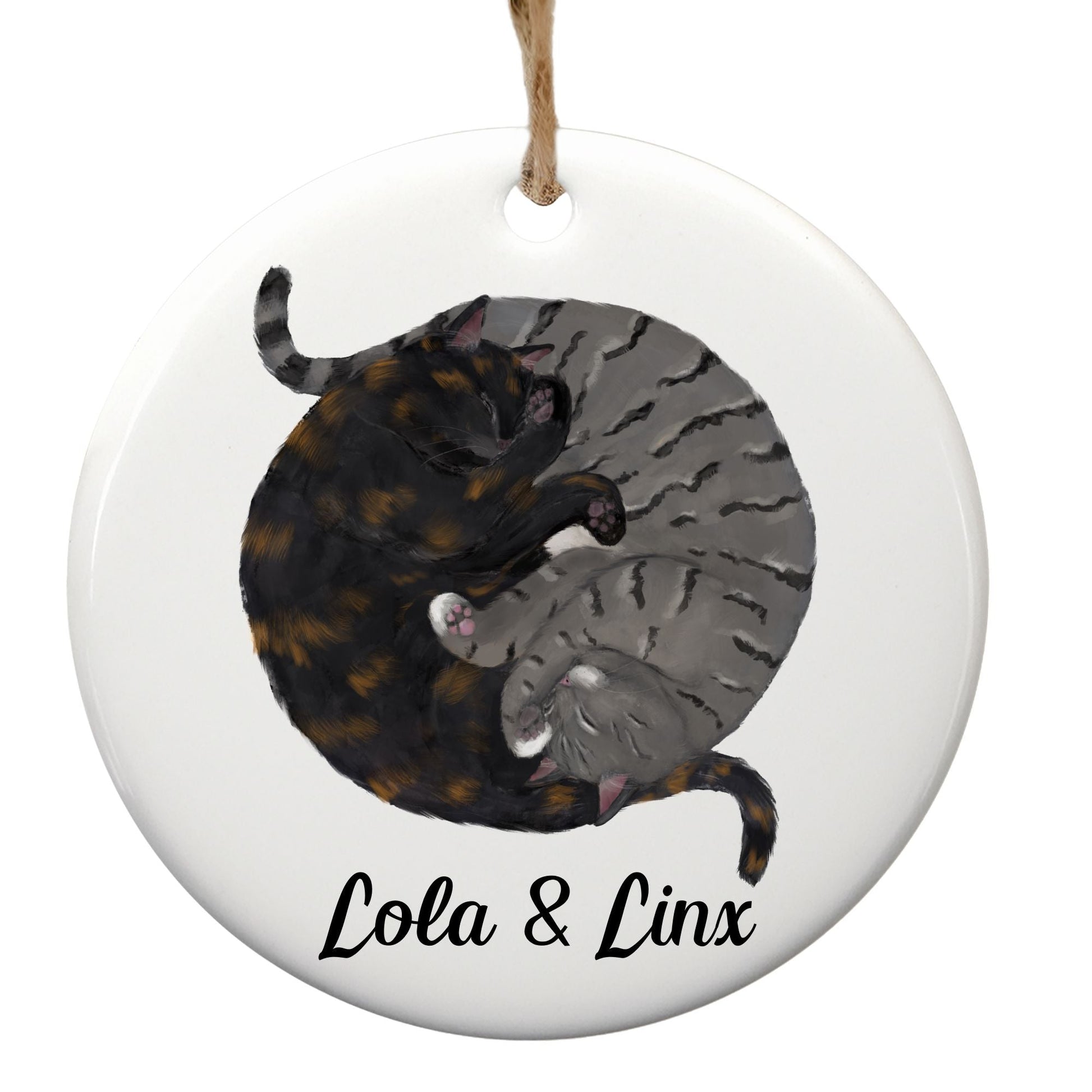 Sleeping Tortoiseshell And Gray Tabby Cats Ceramic Ornament - MerikaArt