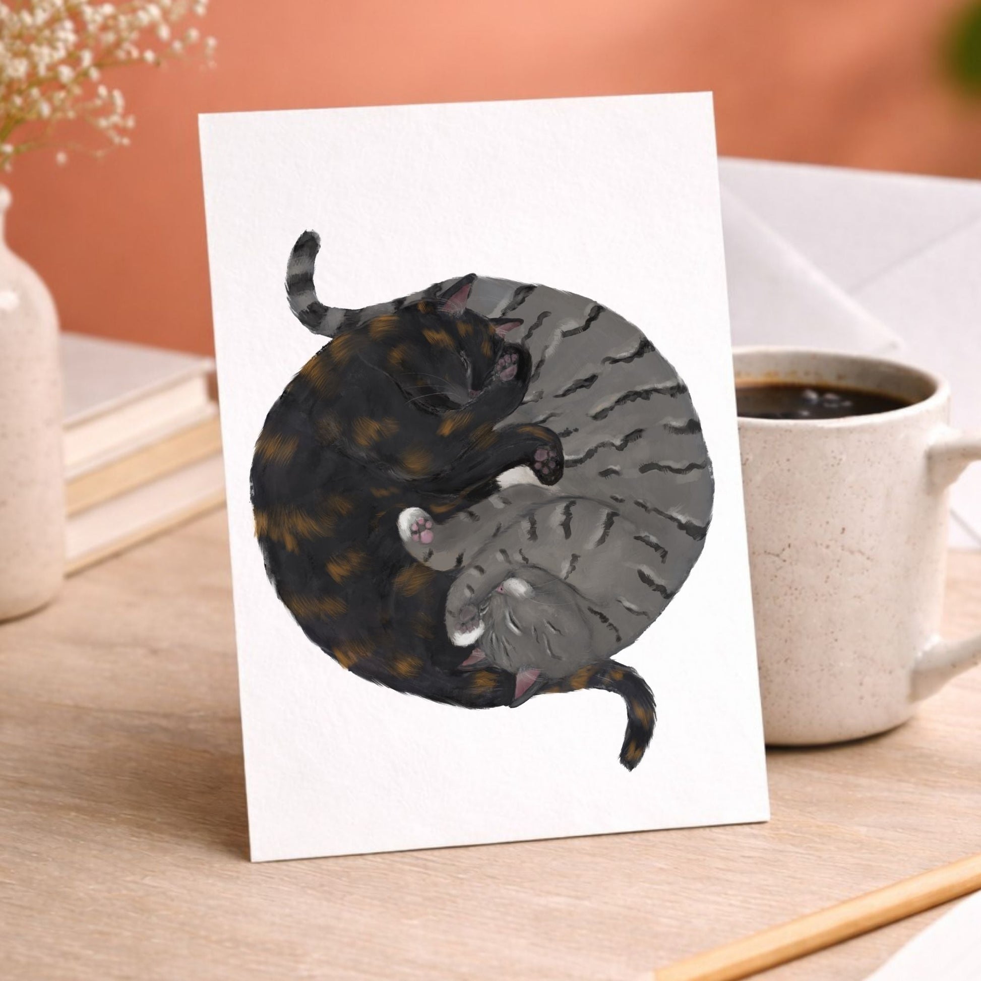 Sleeping Tortoiseshell and Gray Tabby Cats Postcard - MerikaArt