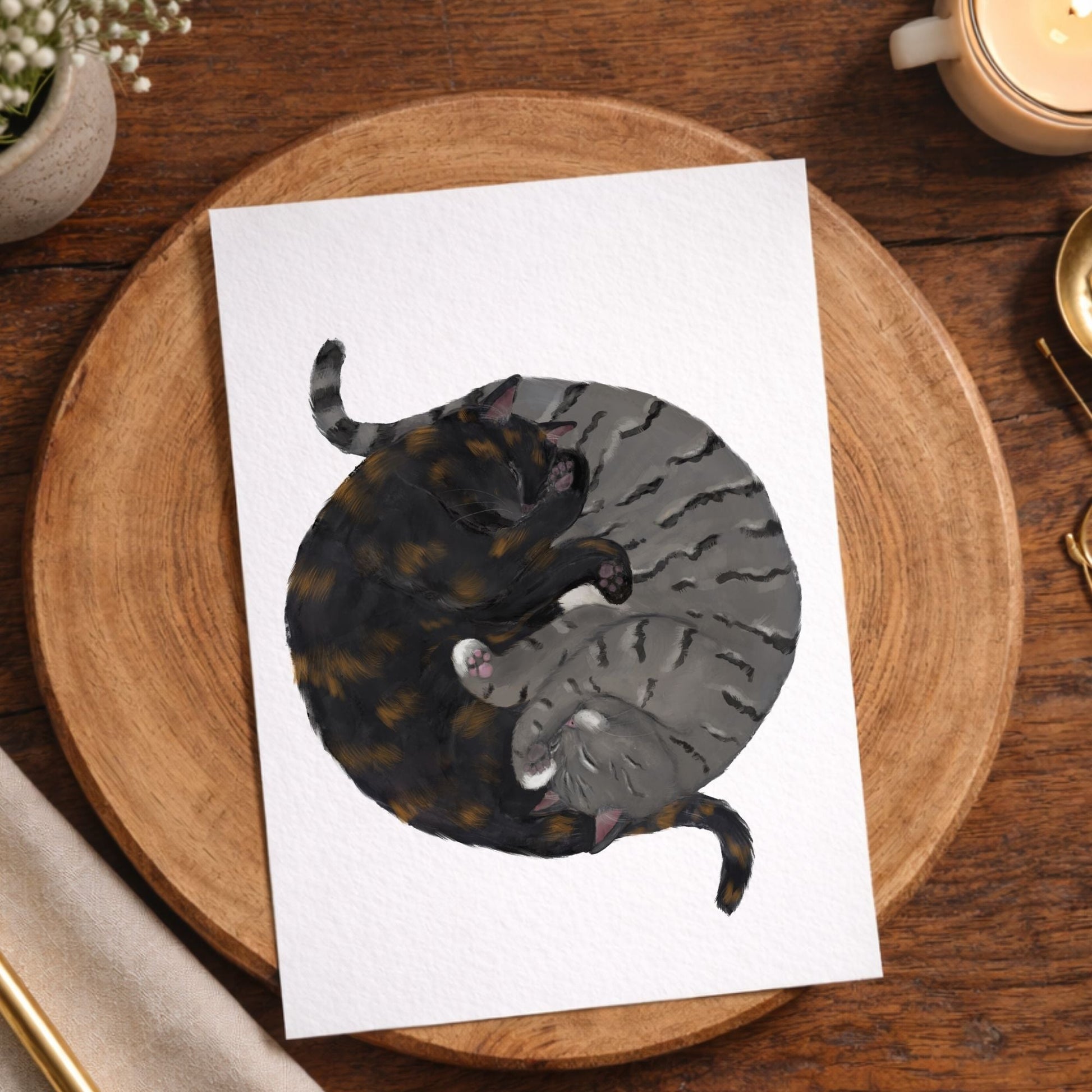 Sleeping Tortoiseshell and Gray Tabby Cats Postcard - MerikaArt