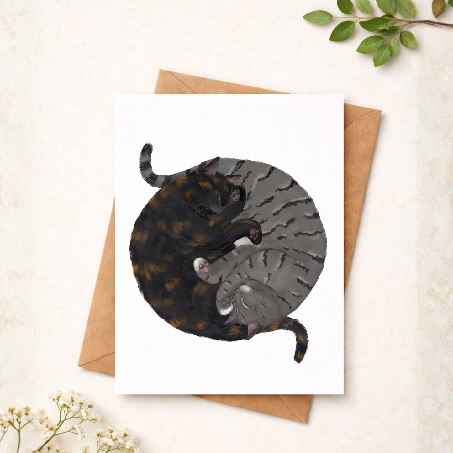 Sleeping Tortoiseshell and Gray Tabby Cats Postcard - MerikaArt
