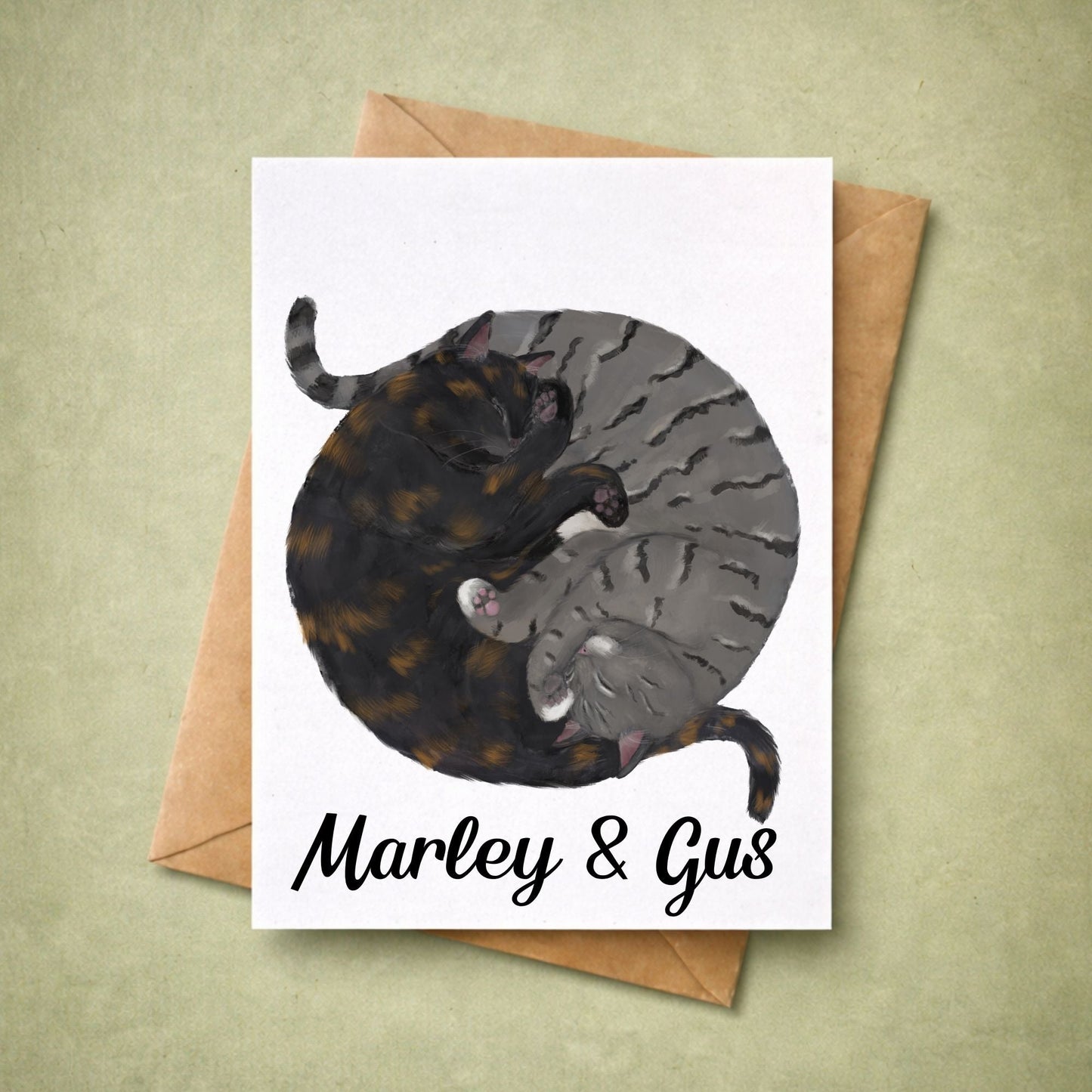 Sleeping Tortoiseshell and Gray Tabby Cats Postcard - MerikaArt