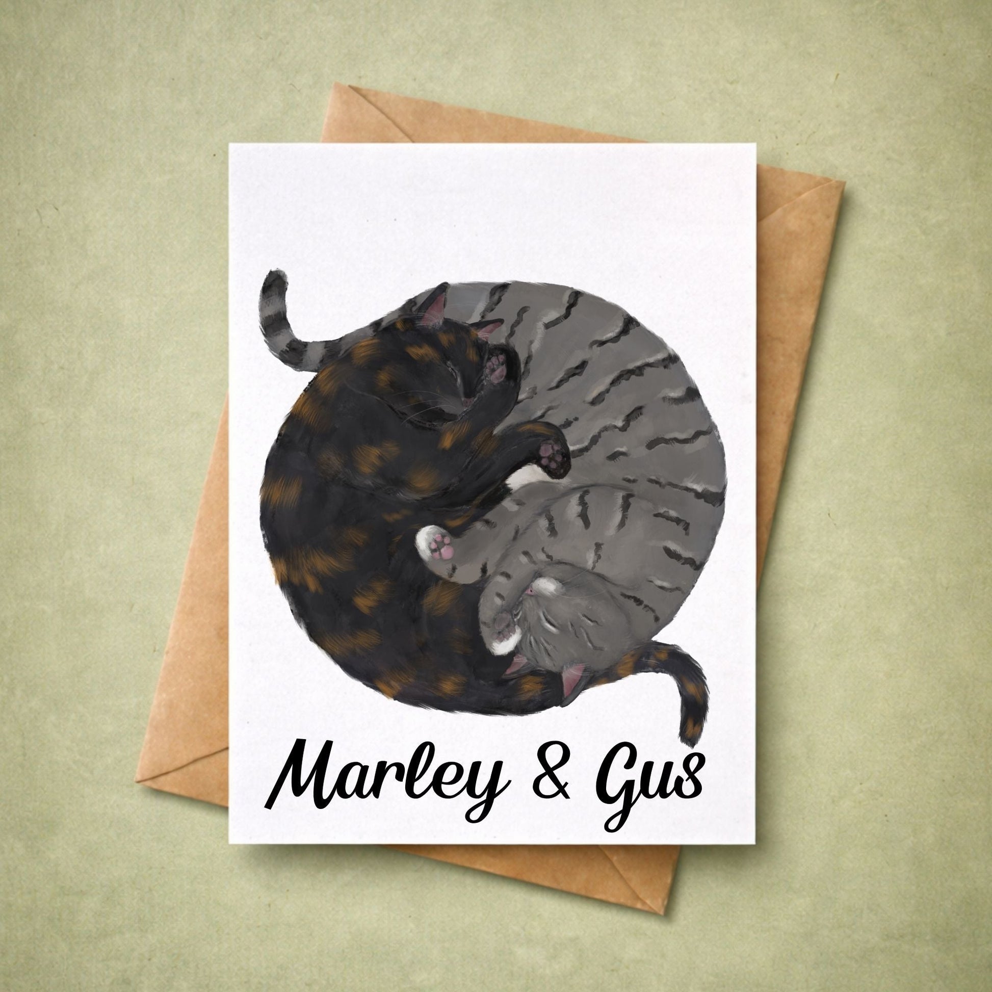 Sleeping Tortoiseshell and Gray Tabby Cats Postcard - MerikaArt