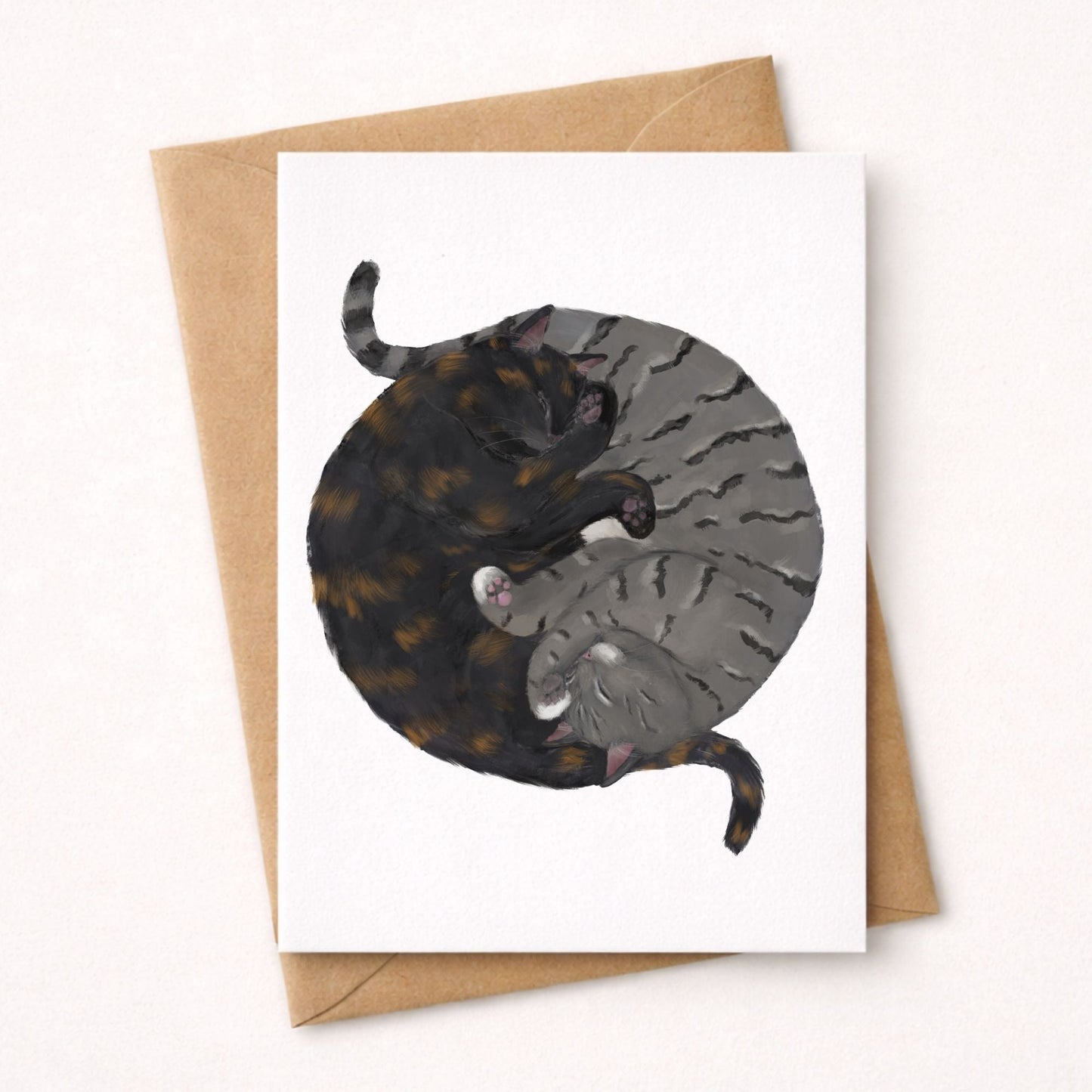 Sleeping Tortoiseshell and Gray Tabby Cats Postcard - MerikaArt
