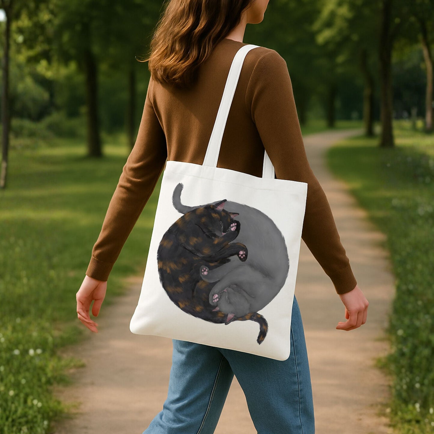 Sleeping Tortoiseshell and Grey Cats Canvas Tote Bag - MerikaArt