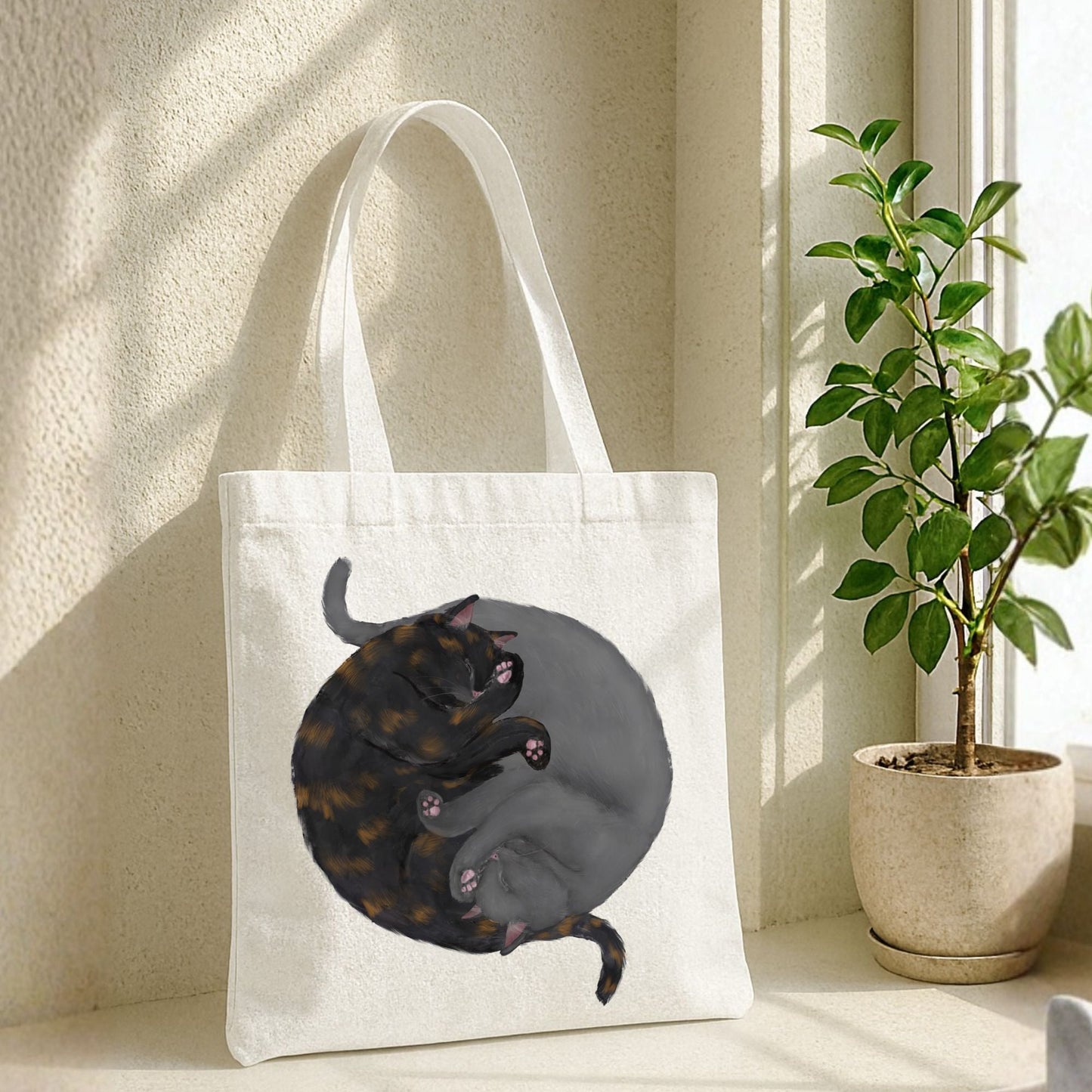 Sleeping Tortoiseshell and Grey Cats Canvas Tote Bag - MerikaArt