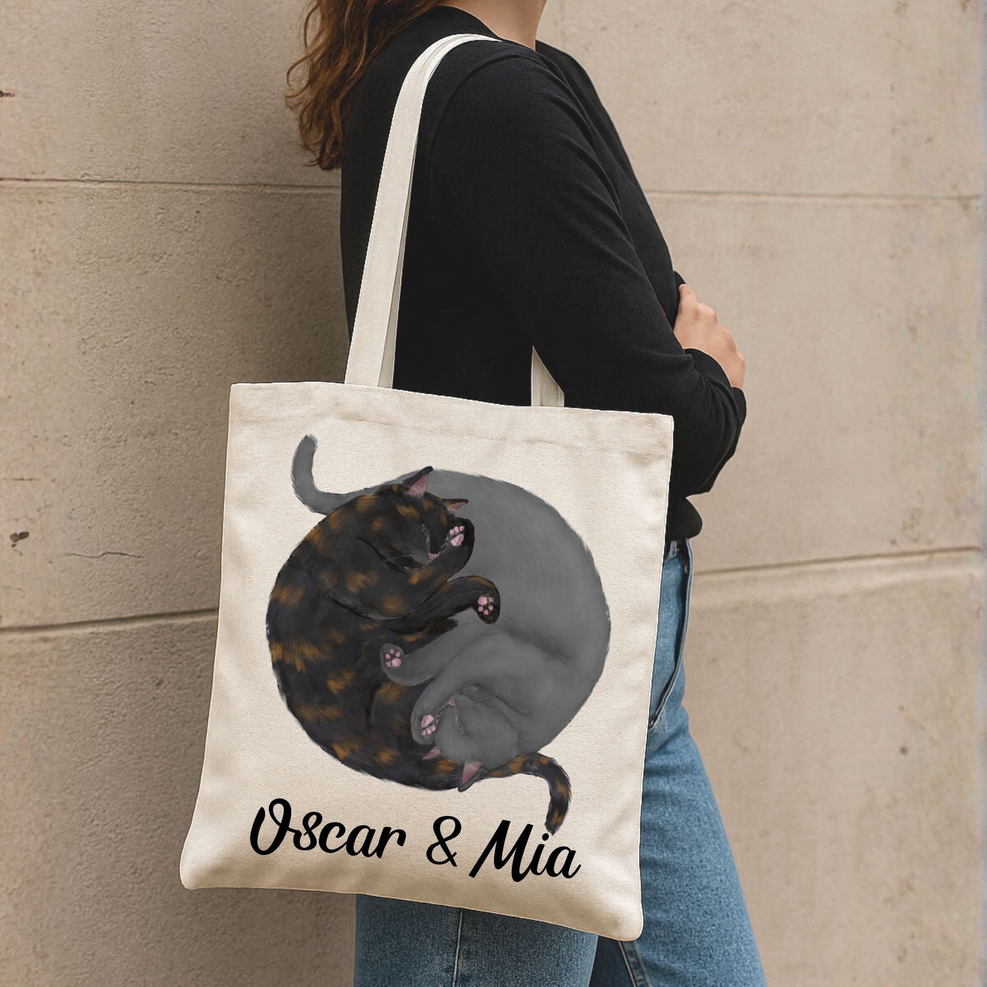 Sleeping Tortoiseshell and Grey Cats Canvas Tote Bag - MerikaArt