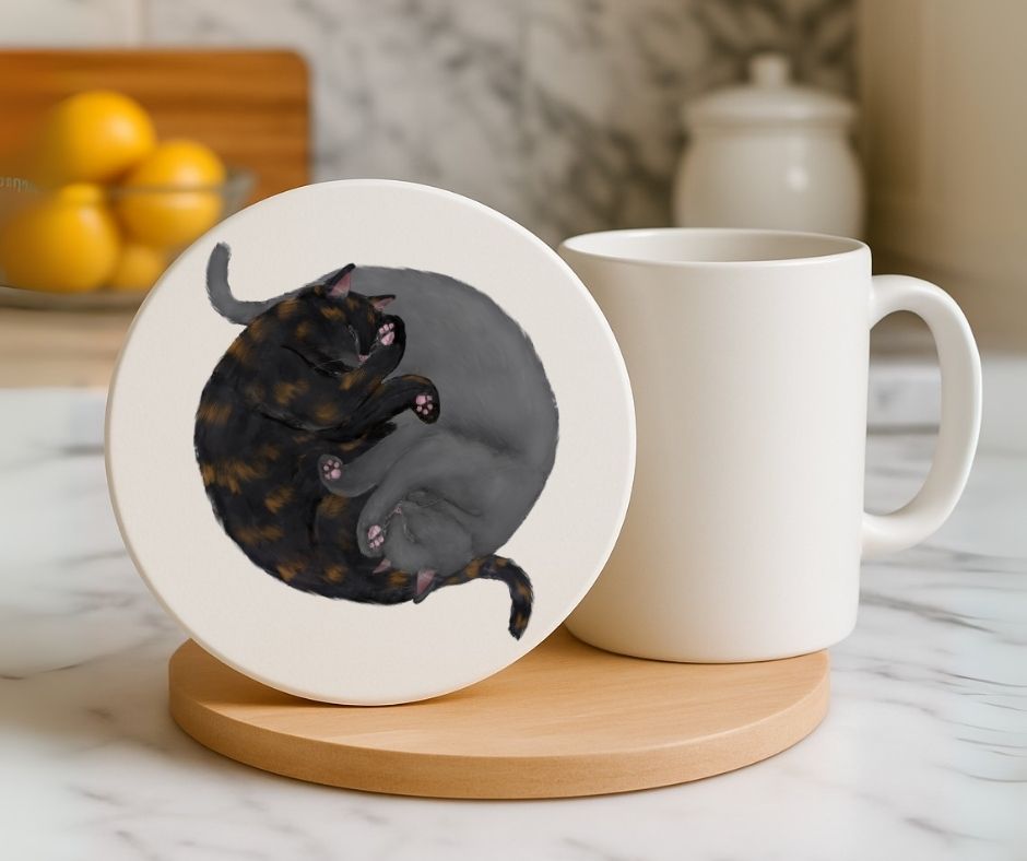 Sleeping Tortoiseshell and Grey Cats Ceramic Coaster - MerikaArt