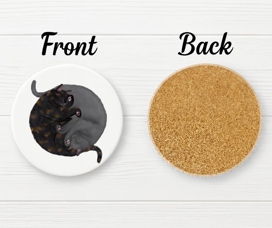 Sleeping Tortoiseshell and Grey Cats Ceramic Coaster - MerikaArt