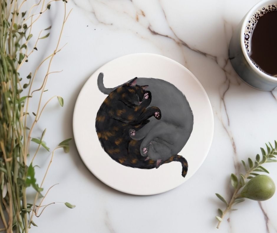 Sleeping Tortoiseshell and Grey Cats Ceramic Coaster - MerikaArt
