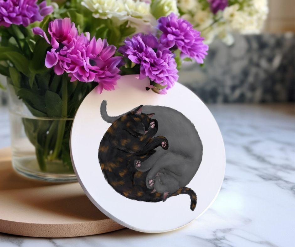 Sleeping Tortoiseshell and Grey Cats Ceramic Coaster - MerikaArt
