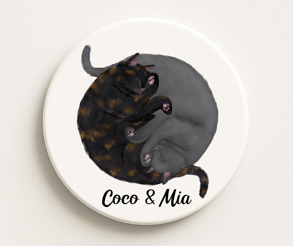 Sleeping Tortoiseshell and Grey Cats Ceramic Coaster - MerikaArt