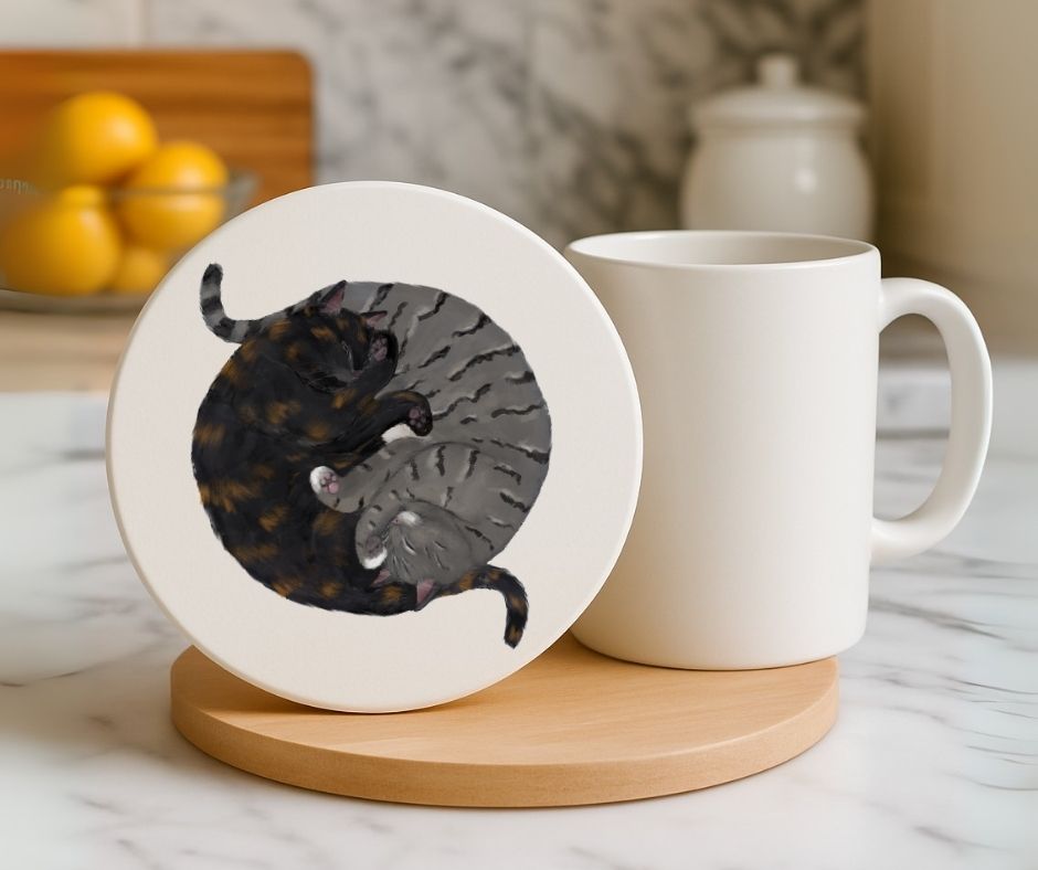 Sleeping Tortoiseshell and Grey Tabby Cats Ceramic Coaster - MerikaArt