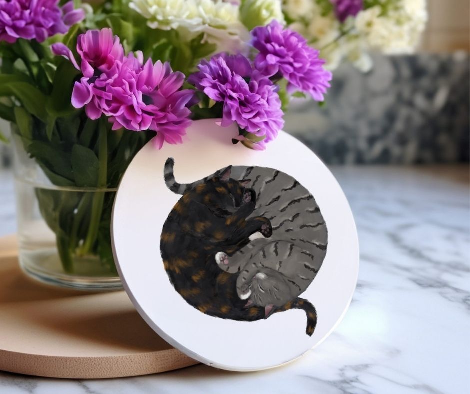 Sleeping Tortoiseshell and Grey Tabby Cats Ceramic Coaster - MerikaArt