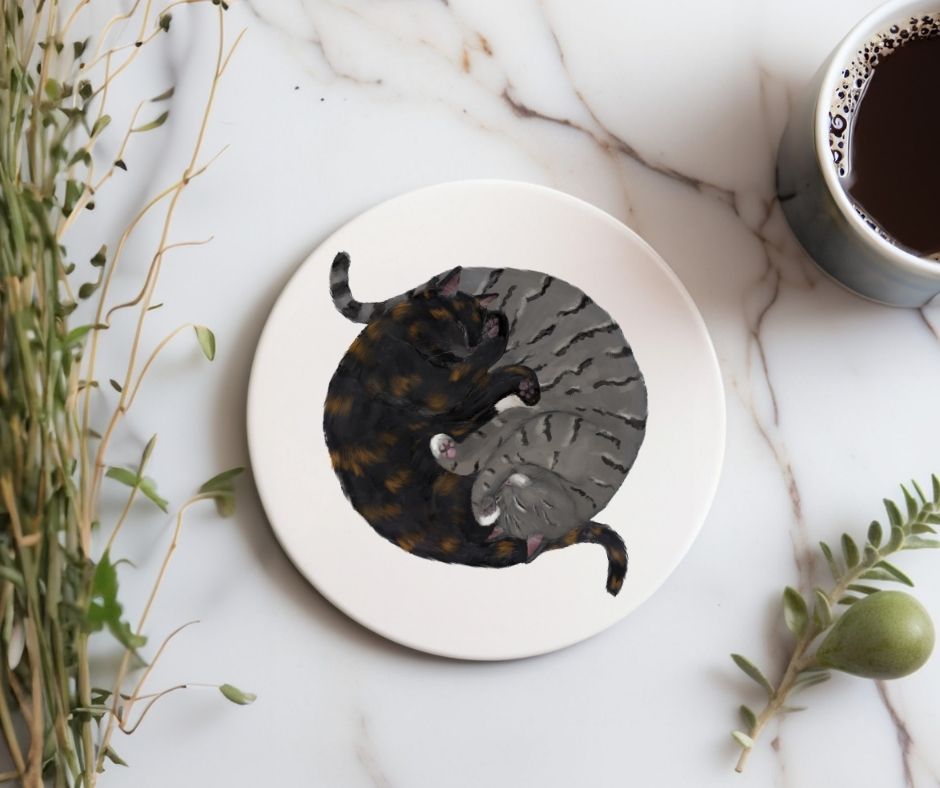 Sleeping Tortoiseshell and Grey Tabby Cats Ceramic Coaster - MerikaArt