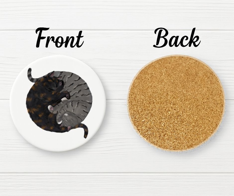 Sleeping Tortoiseshell and Grey Tabby Cats Ceramic Coaster - MerikaArt