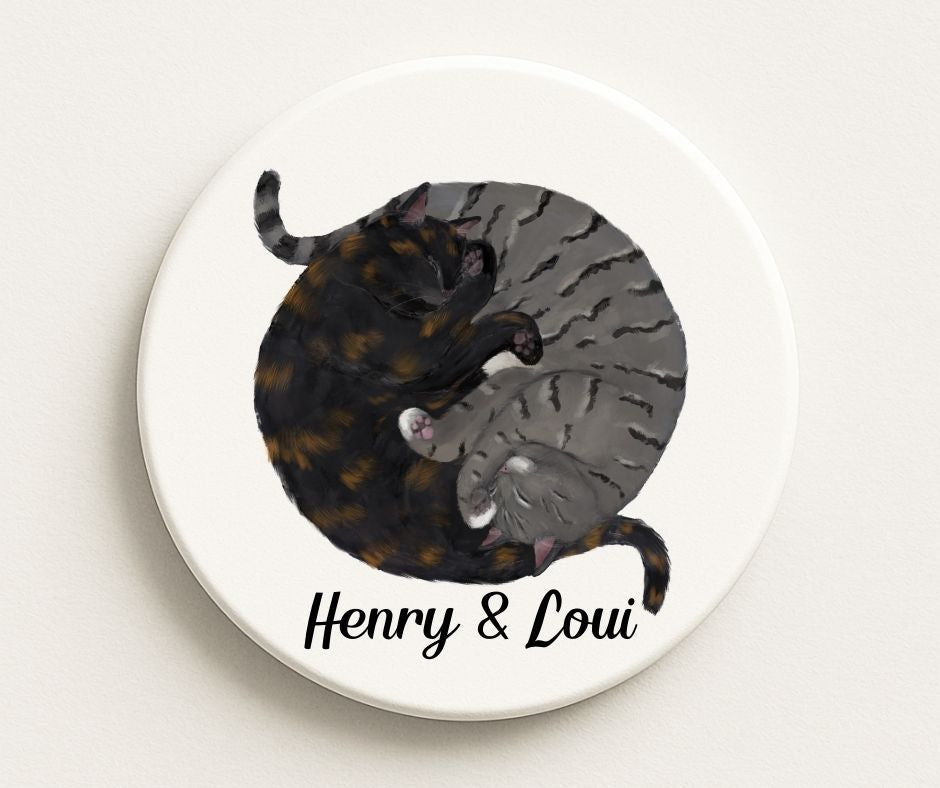 Sleeping Tortoiseshell and Grey Tabby Cats Ceramic Coaster - MerikaArt