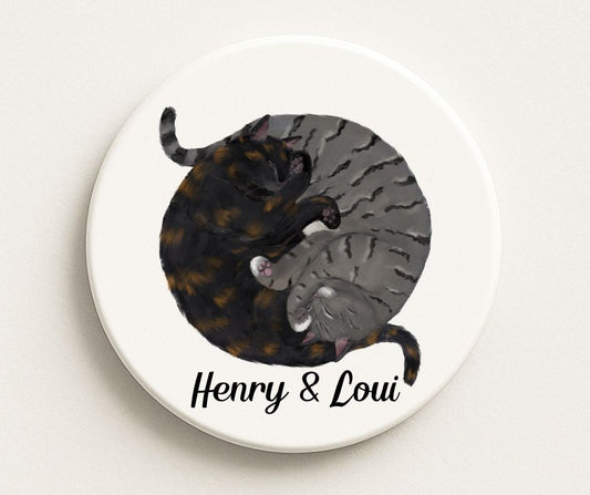 Sleeping Tortoiseshell and Grey Tabby Cats Ceramic Coaster - MerikaArt