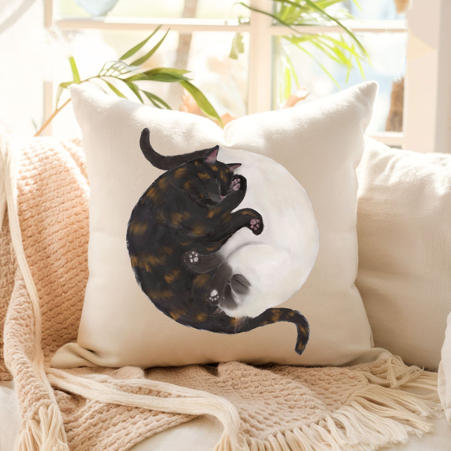Sleeping Tortoiseshell and Siamese Cat Pillow - MerikaArt