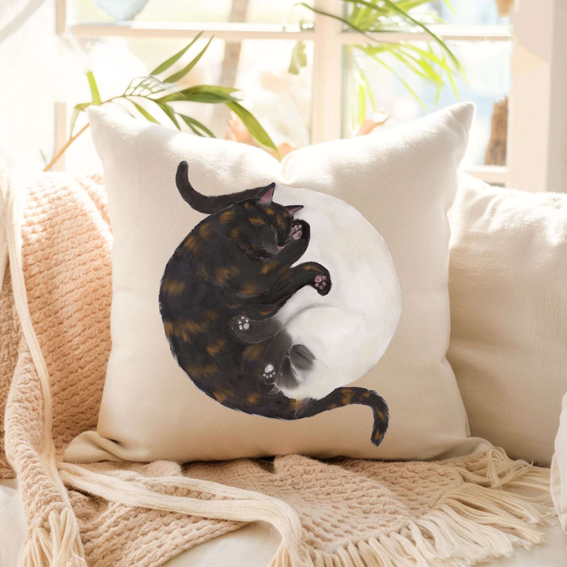 Sleeping Tortoiseshell and Siamese Cat Pillow - MerikaArt