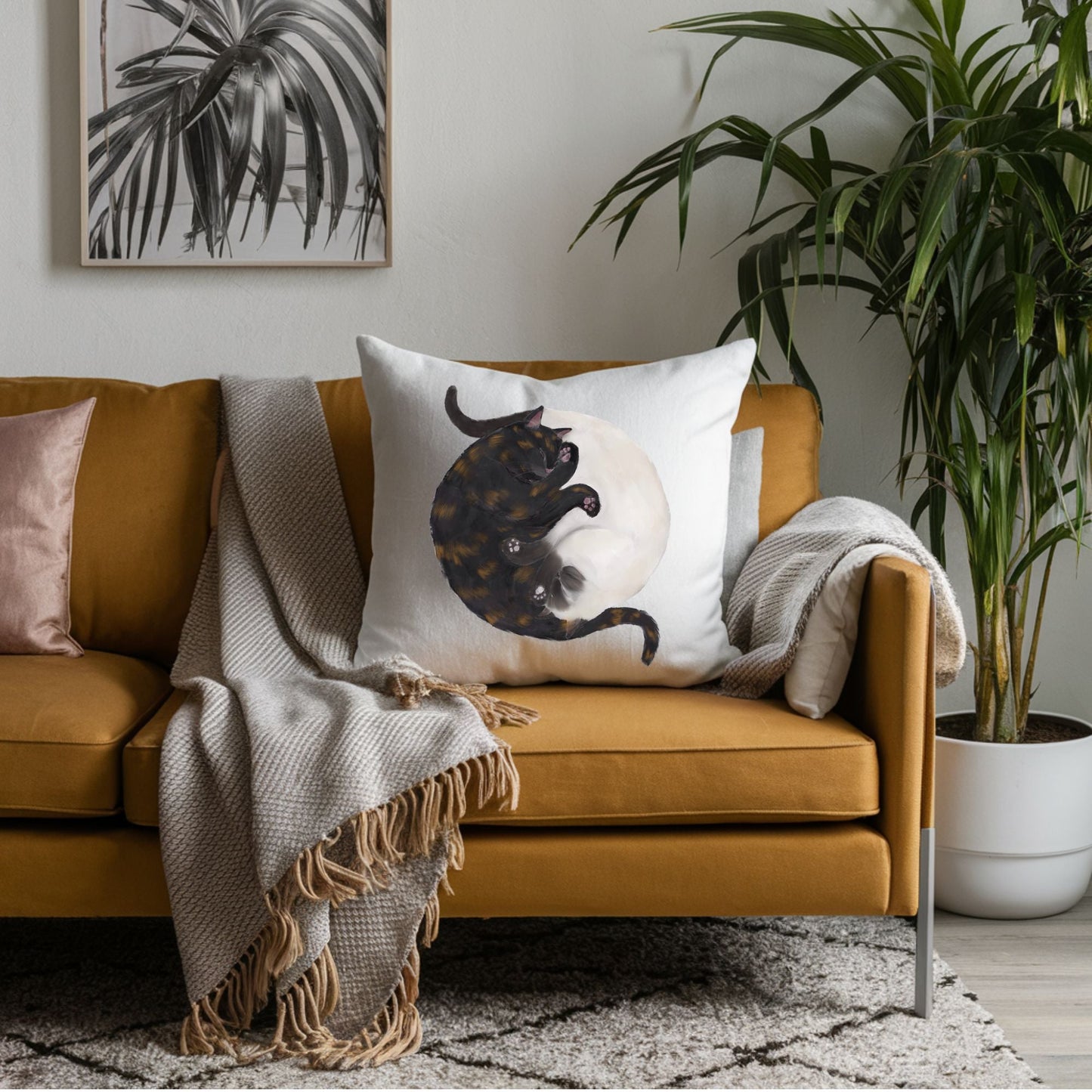 Sleeping Tortoiseshell and Siamese Cat Pillow - MerikaArt