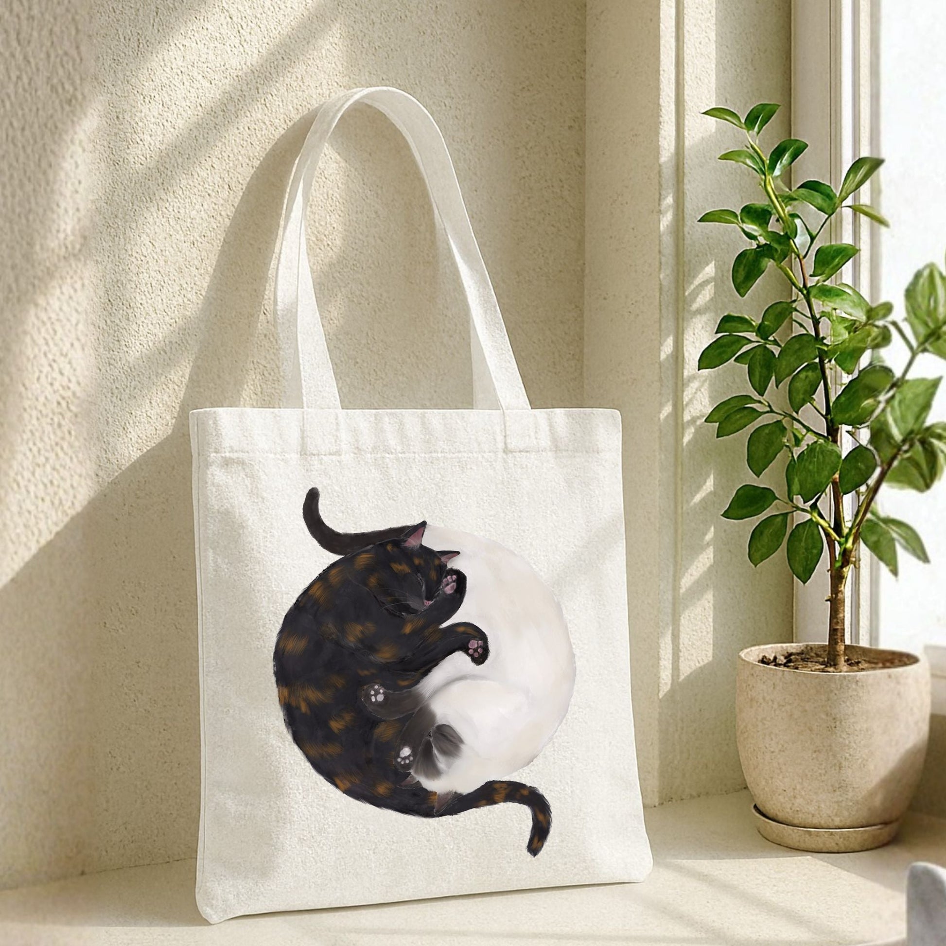 Sleeping Tortoiseshell and Siamese Cats Canvas Tote Bag - MerikaArt