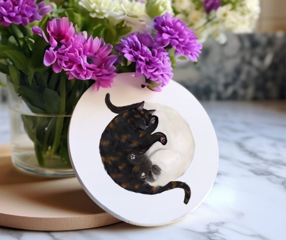 Sleeping Tortoiseshell and Siamese Cats Ceramic Coaster - MerikaArt