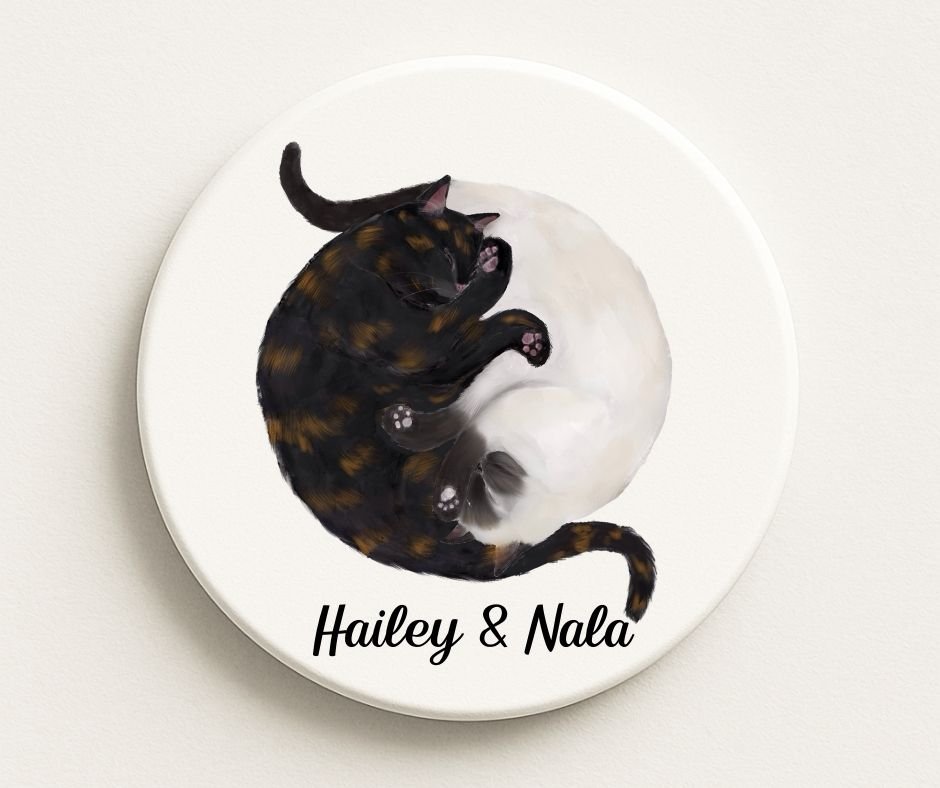 Sleeping Tortoiseshell and Siamese Cats Ceramic Coaster - MerikaArt