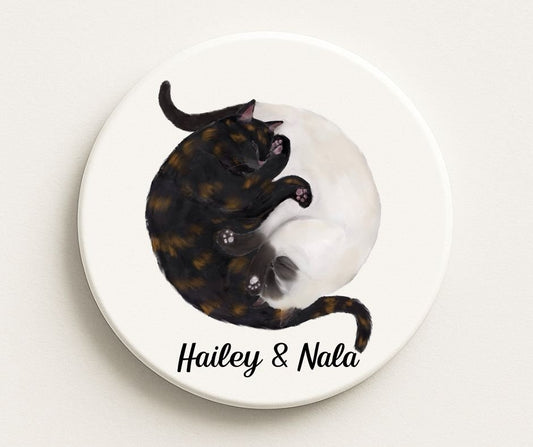 Sleeping Tortoiseshell and Siamese Cats Ceramic Coaster - MerikaArt