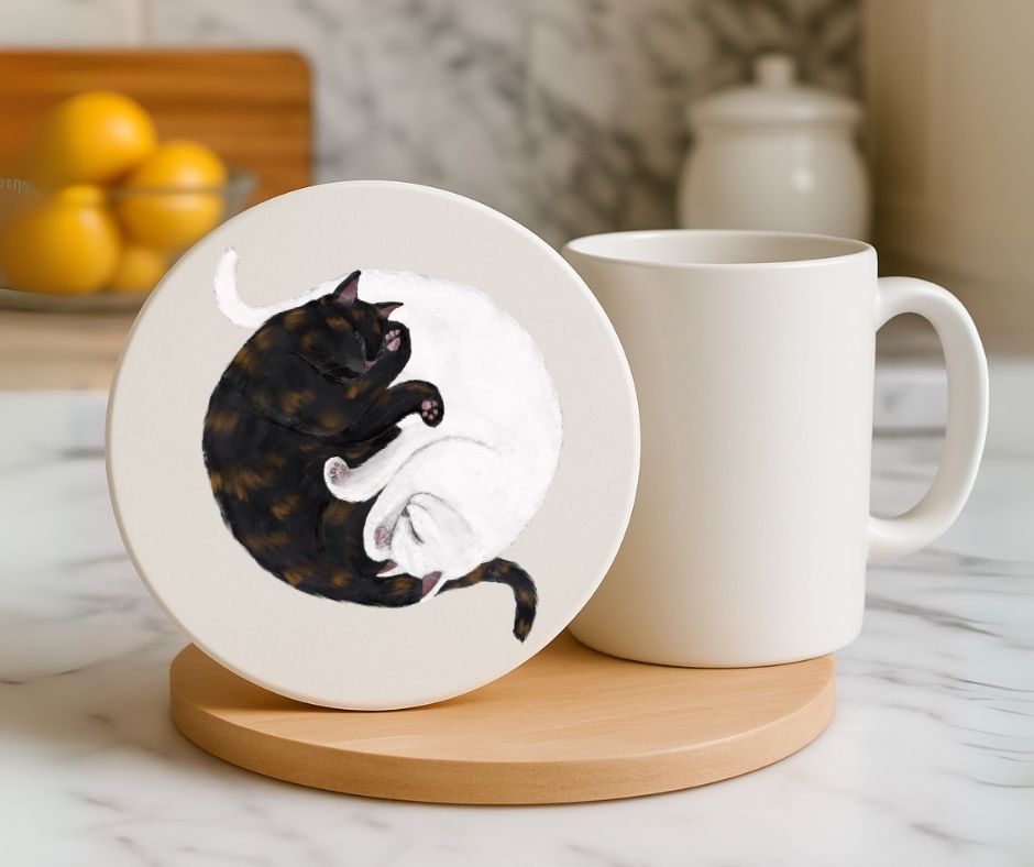 Sleeping Tortoiseshell and Siamese Cats Ceramic Coaster - MerikaArt