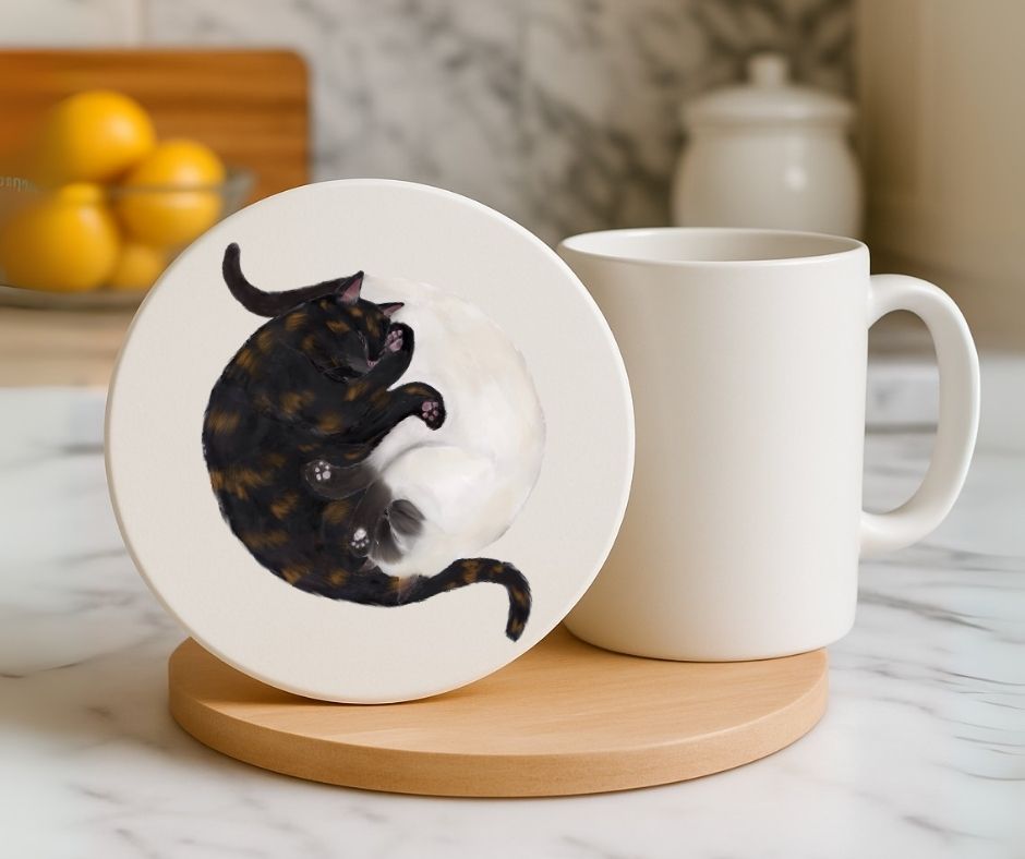 Sleeping Tortoiseshell and Siamese Cats Ceramic Coaster - MerikaArt