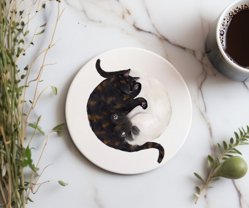Sleeping Tortoiseshell and Siamese Cats Ceramic Coaster - MerikaArt