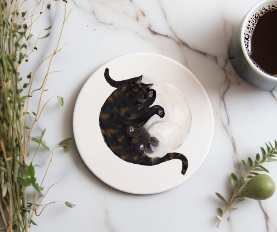 Sleeping Tortoiseshell and Siamese Cats Ceramic Coaster - MerikaArt