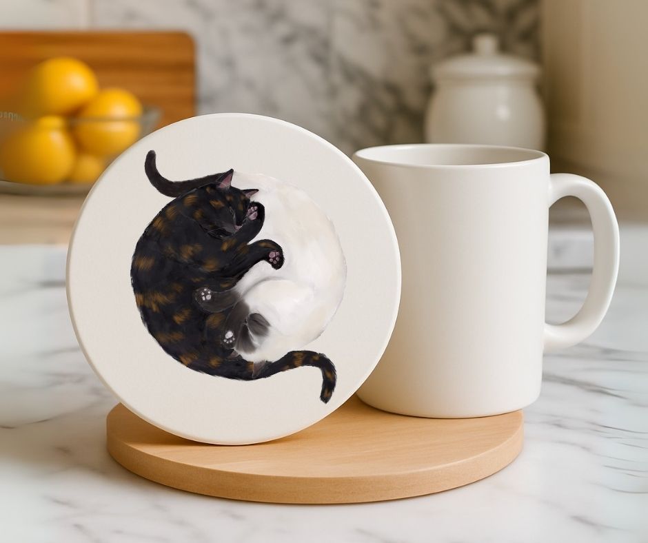 Sleeping Tortoiseshell and Siamese Cats Ceramic Coaster - MerikaArt