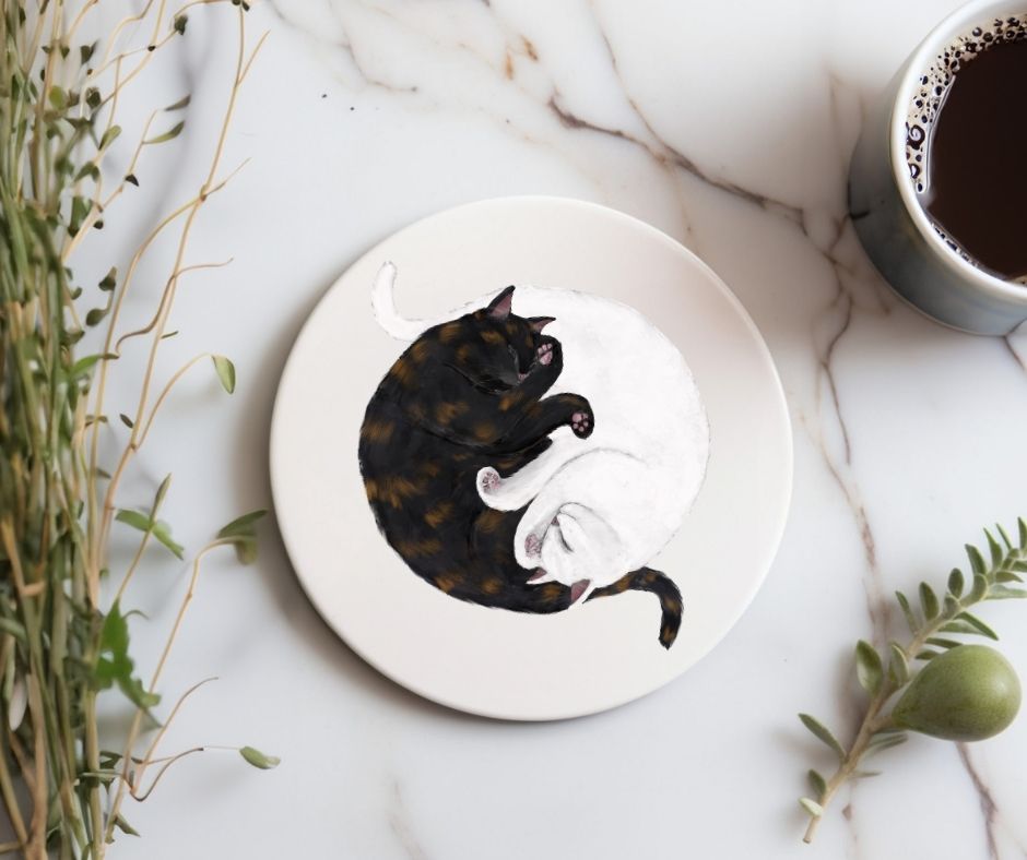 Sleeping Tortoiseshell and Siamese Cats Ceramic Coaster - MerikaArt