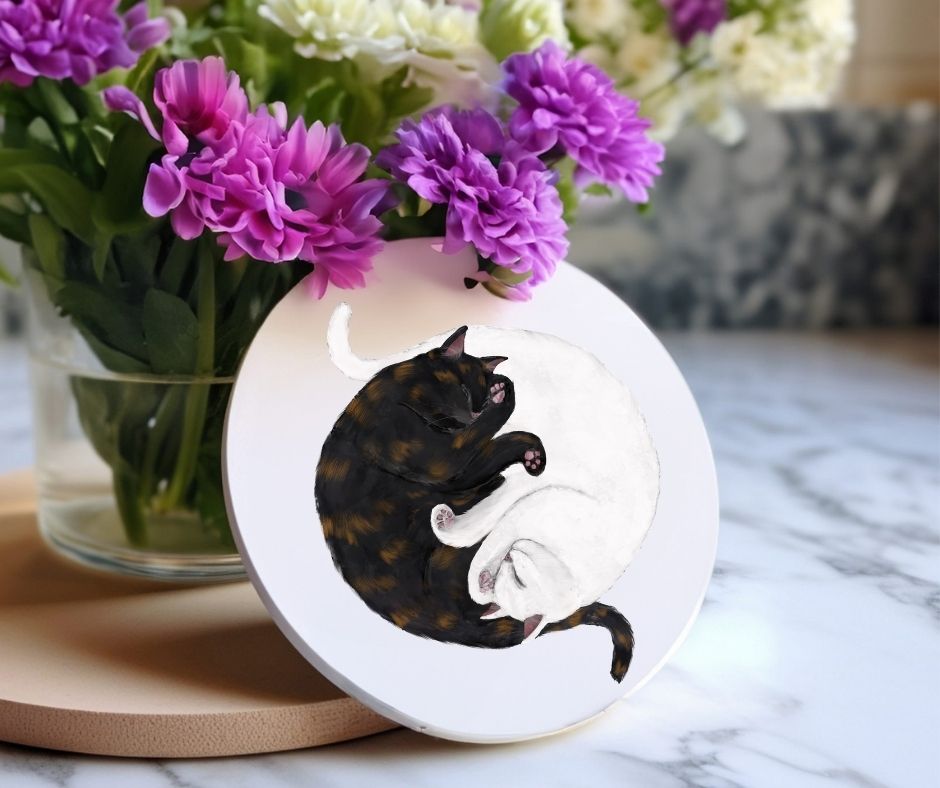 Sleeping Tortoiseshell and Siamese Cats Ceramic Coaster - MerikaArt
